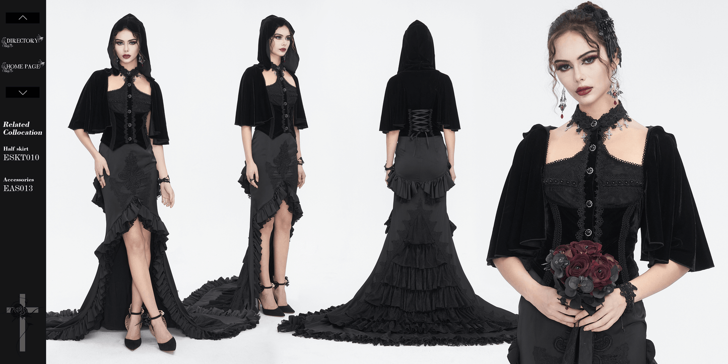 Gothic Hooded Top with Lace-Up Back and Lace Trim