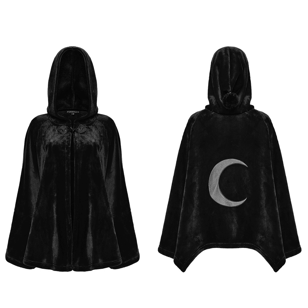 Gothic Hooded Velvet Cape with Crescent Moon Design