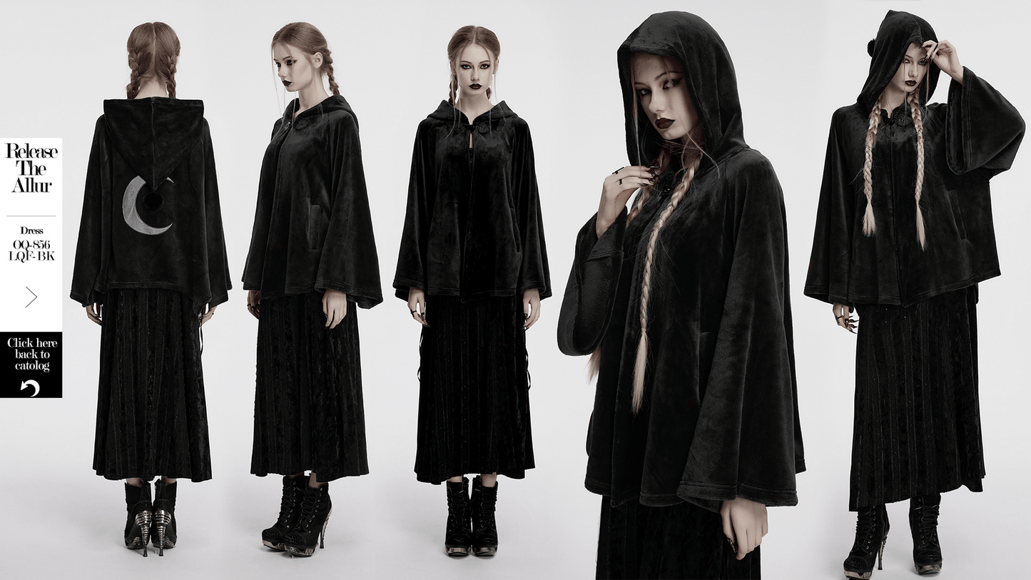Gothic Hooded Velvet Cape with Crescent Moon Design