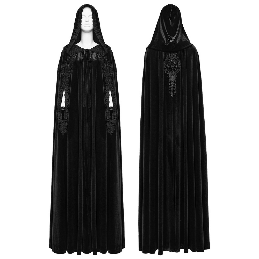 Gothic Hooded Velvet Cloak with Lace and Gem Details