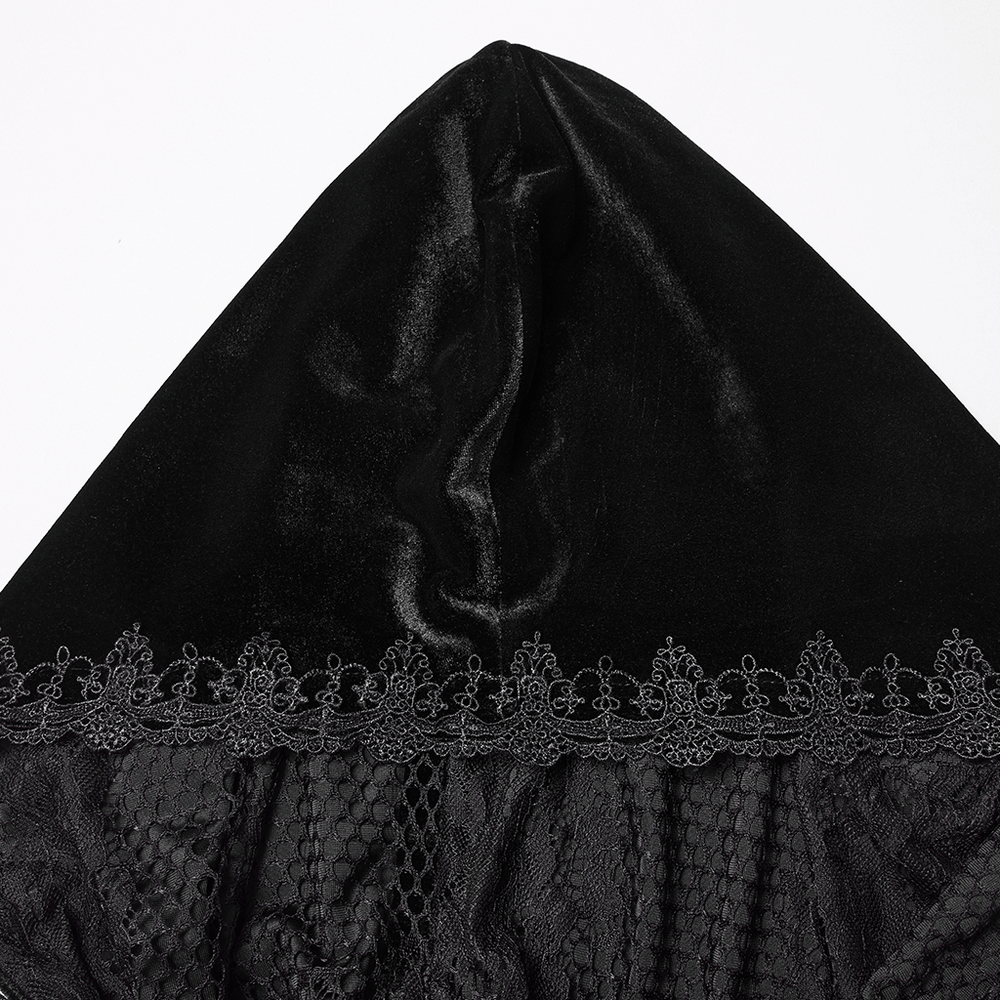 Gothic Hooded Velvet Cloak with Lace and Gem Details