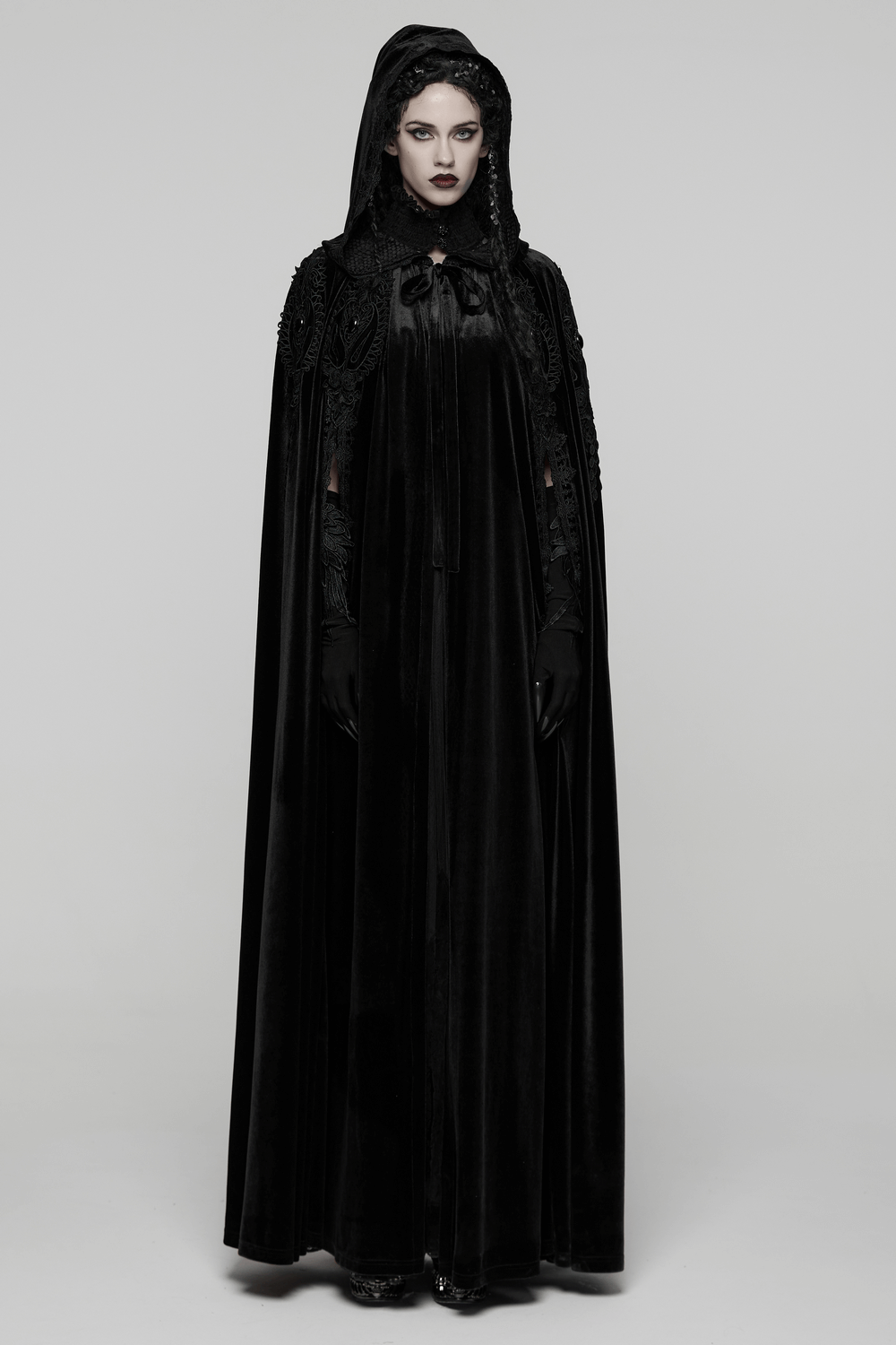 Gothic Hooded Velvet Cloak with Lace and Gem Details