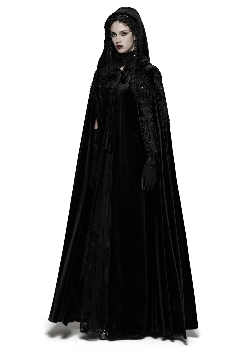Gothic Hooded Velvet Cloak with Lace and Gem Details