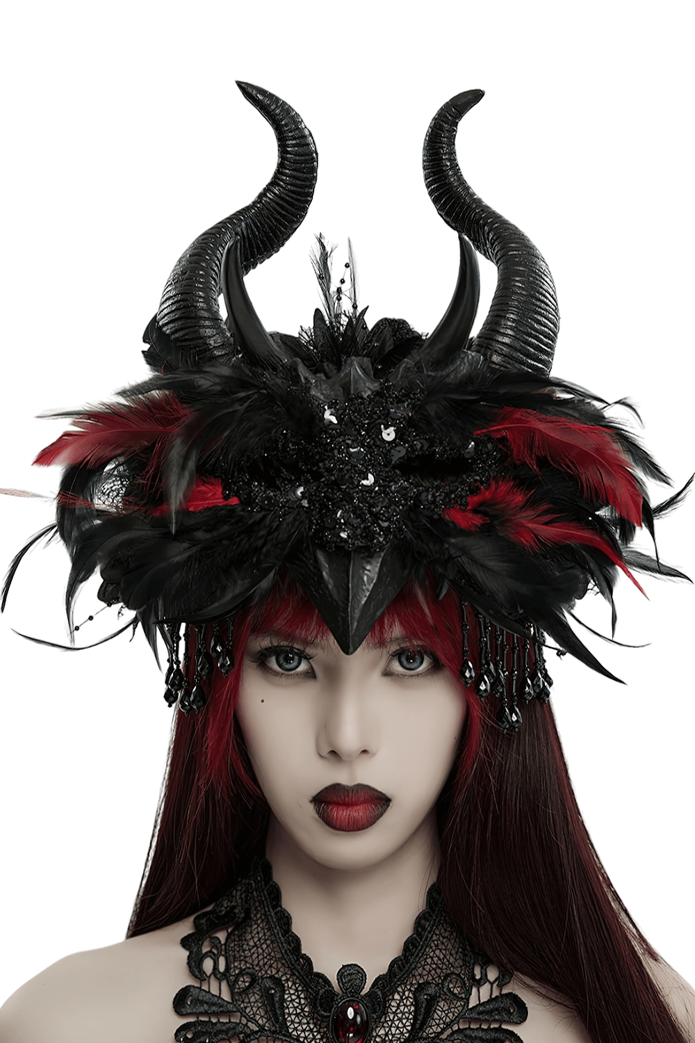 Gothic Horned Headpiece with Demon Eyes and Flowers