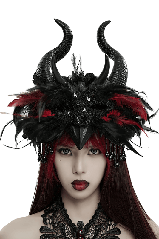 Gothic Horned Headpiece with Demon Eyes and Flowers
