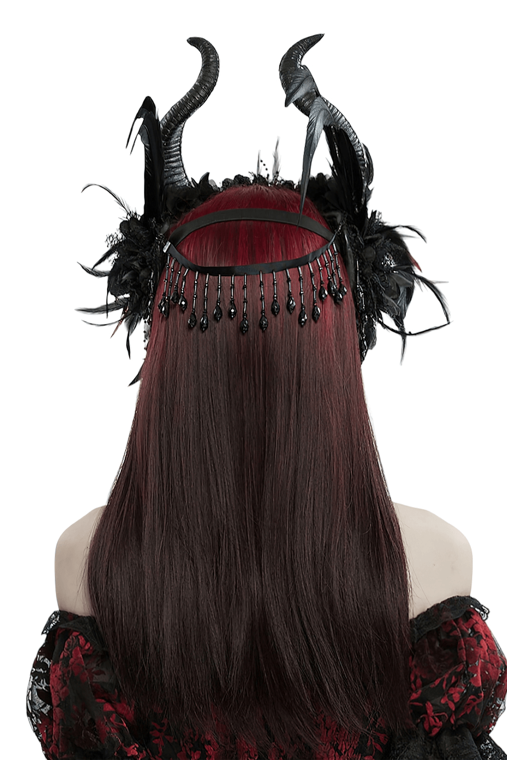 Gothic Horned Headpiece with Demon Eyes and Flowers