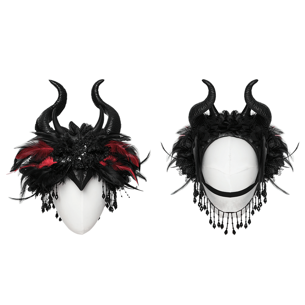 Gothic Horned Headpiece with Demon Eyes and Flowers