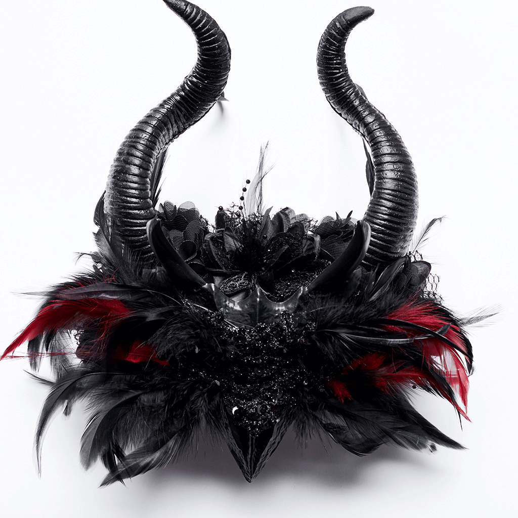Gothic Horned Headpiece with Demon Eyes and Flowers
