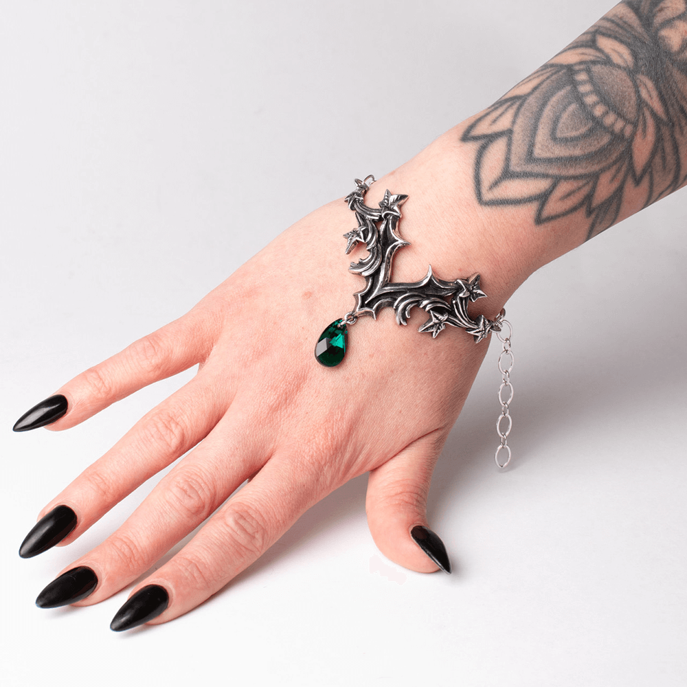 Gothic Ivy Bracelet with Green Crystal Drop Charm