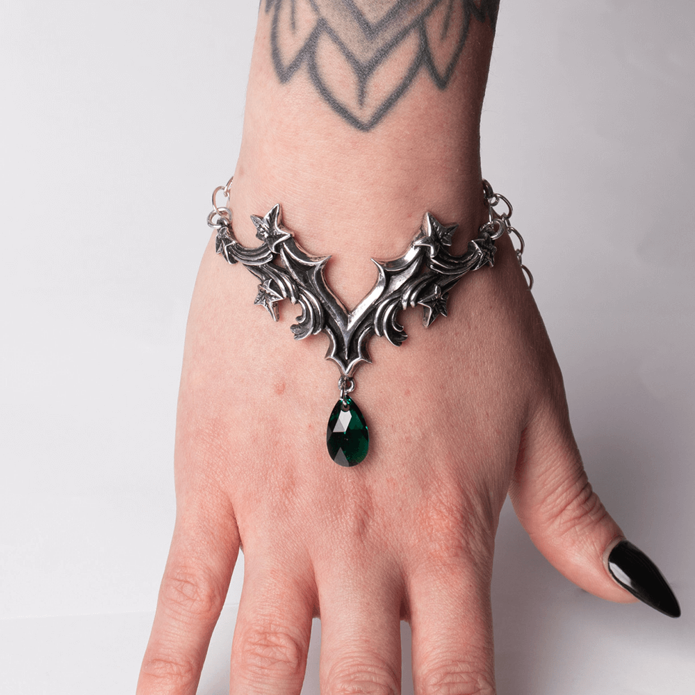 Gothic Ivy Bracelet with Green Crystal Drop Charm