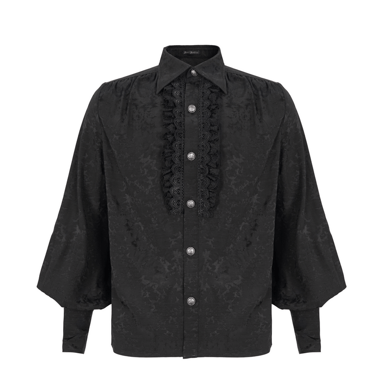 Gothic Jacquard Black Shirt with Lace Ruffles / Male Long Lantern Sleeves Shirt