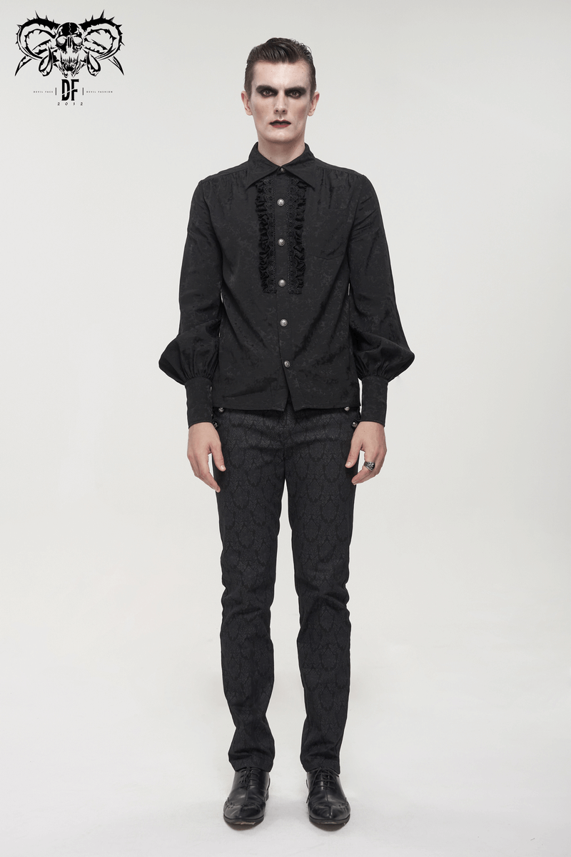 Gothic Jacquard Black Shirt with Lace Ruffles / Male Long Lantern Sleeves Shirt