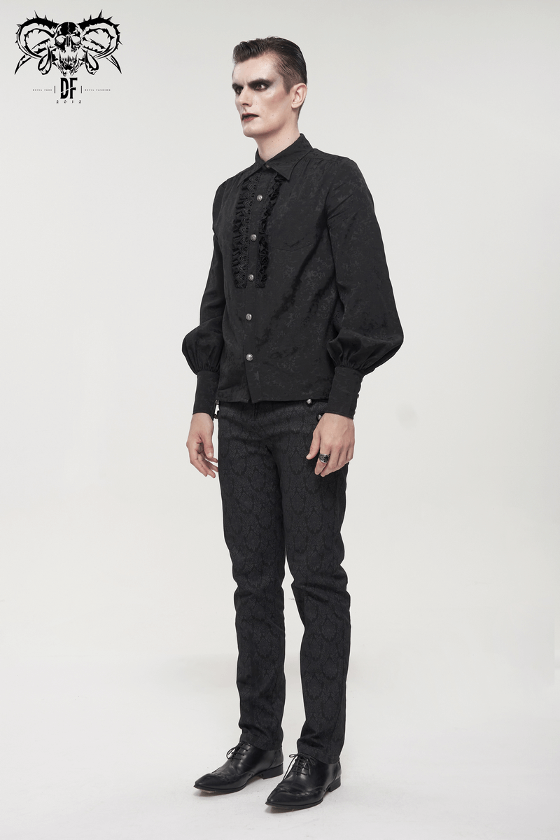 Gothic Jacquard Black Shirt with Lace Ruffles / Male Long Lantern Sleeves Shirt