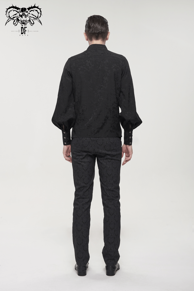 Gothic Jacquard Black Shirt with Lace Ruffles / Male Long Lantern Sleeves Shirt