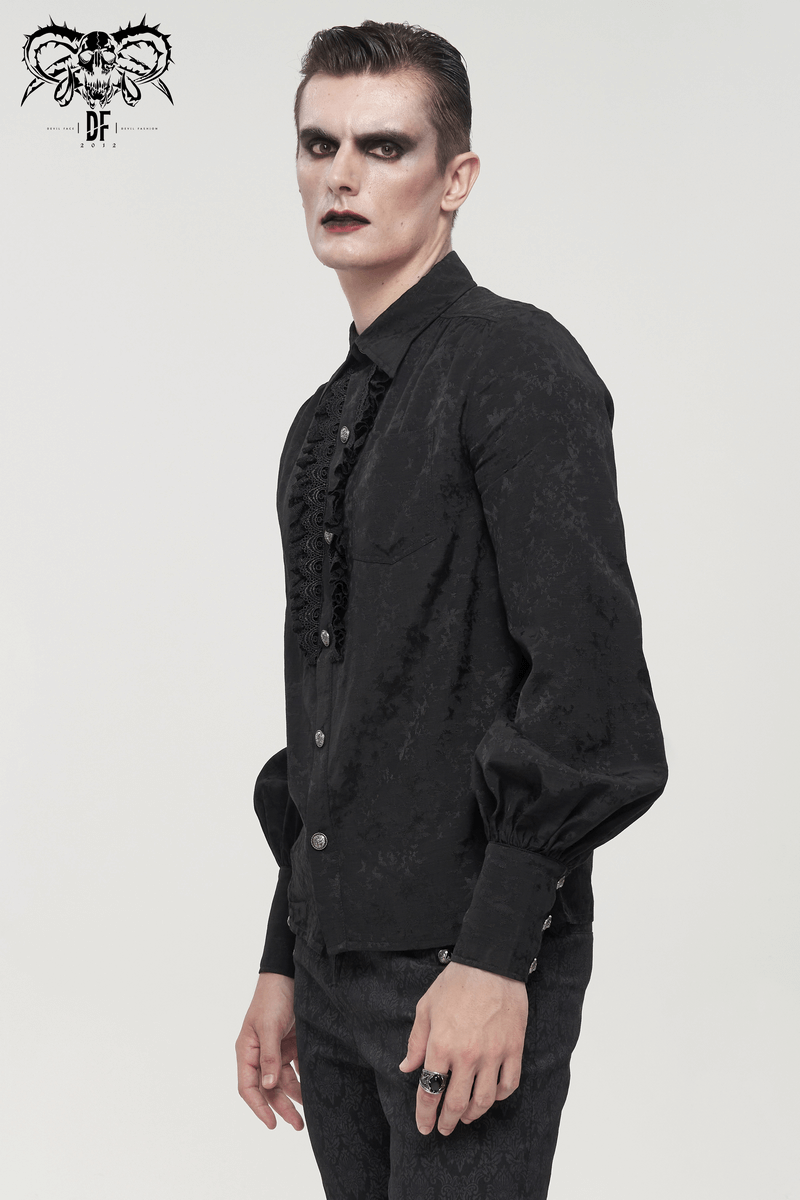 Gothic Jacquard Black Shirt with Lace Ruffles / Male Long Lantern Sleeves Shirt