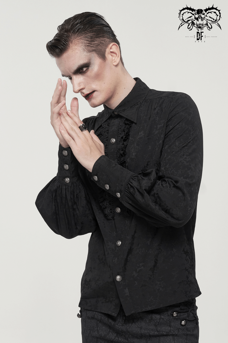 Gothic Jacquard Black Shirt with Lace Ruffles / Male Long Lantern Sleeves Shirt