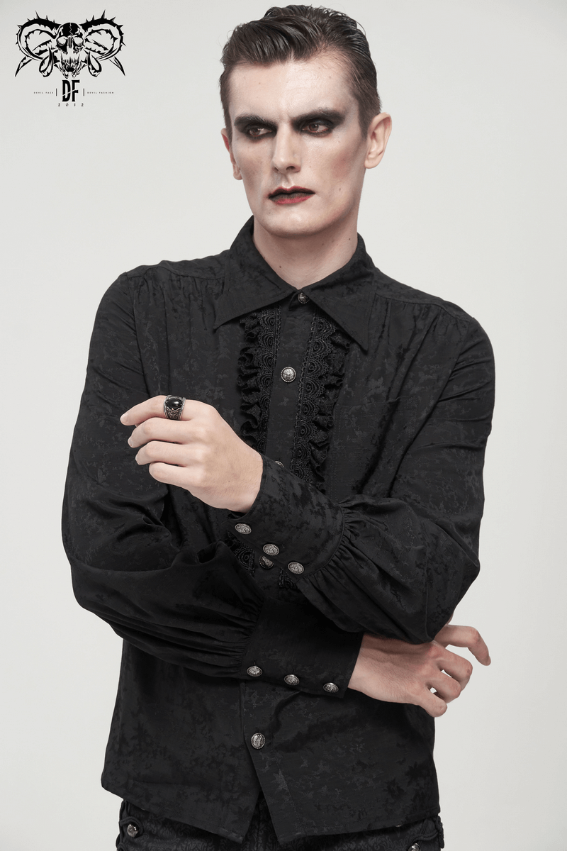 Gothic Jacquard Black Shirt with Lace Ruffles / Male Long Lantern Sleeves Shirt