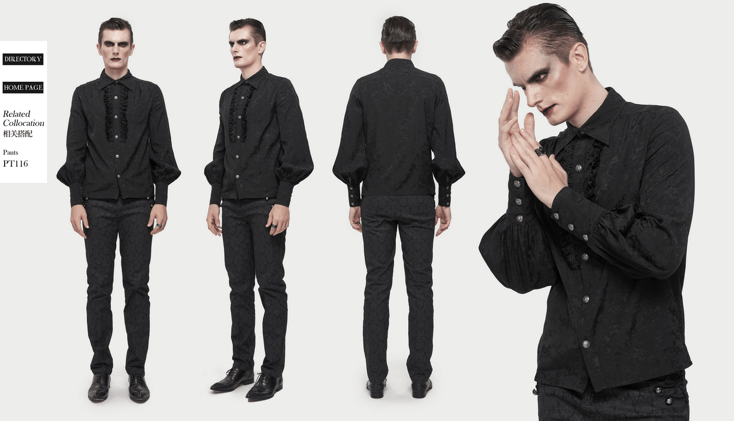 Gothic Jacquard Black Shirt with Lace Ruffles / Male Long Lantern Sleeves Shirt