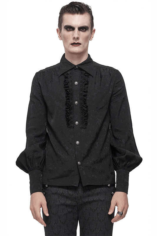 Gothic Jacquard Black Shirt with Lace Ruffles / Male Long Lantern Sleeves Shirt