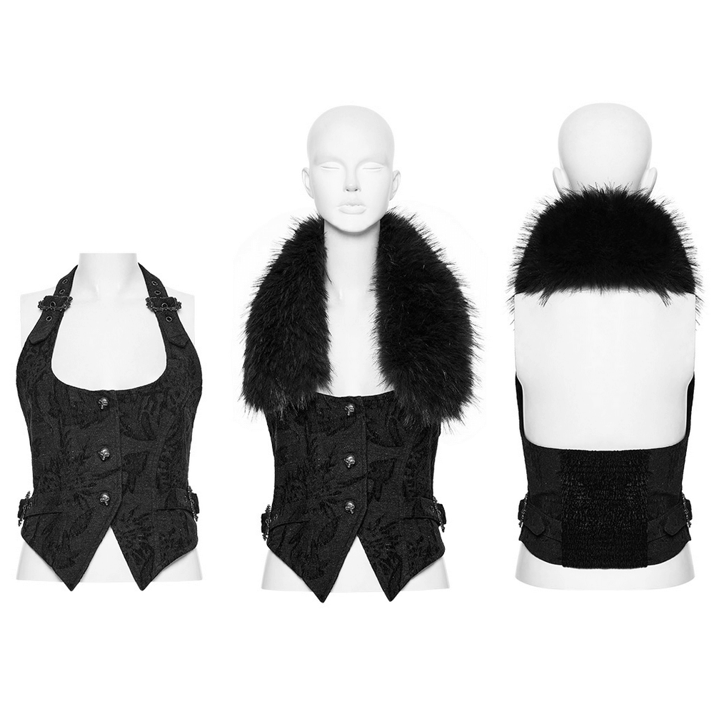 Gothic Jacquard Denim Vest with Detachable Fur Collar