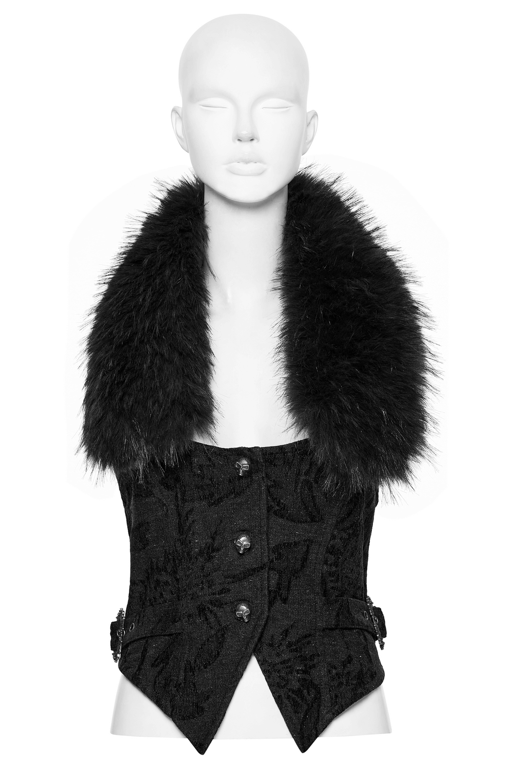 Gothic Jacquard Denim Vest with Detachable Fur Collar