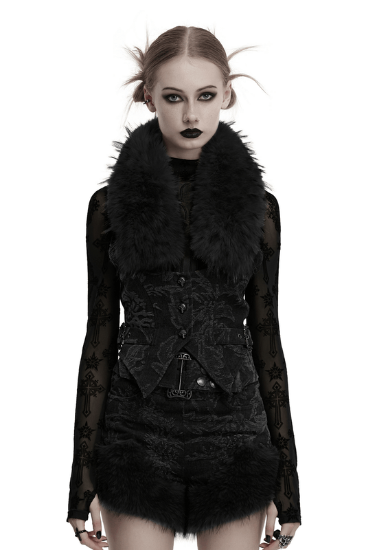 Gothic Jacquard Denim Vest with Detachable Fur Collar