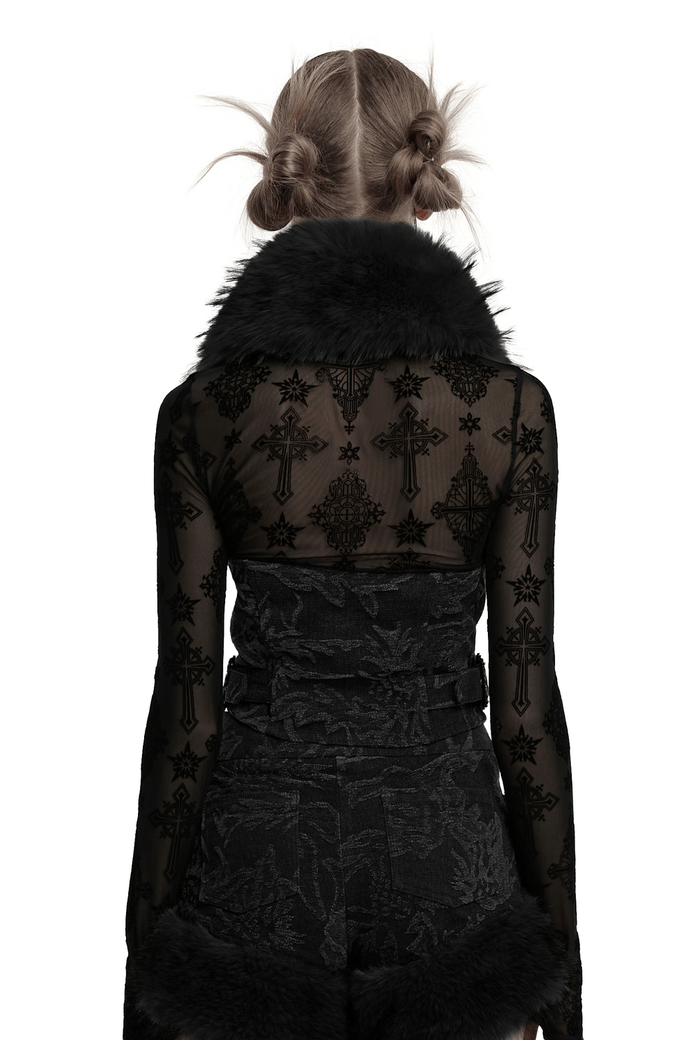Gothic Jacquard Denim Vest with Detachable Fur Collar