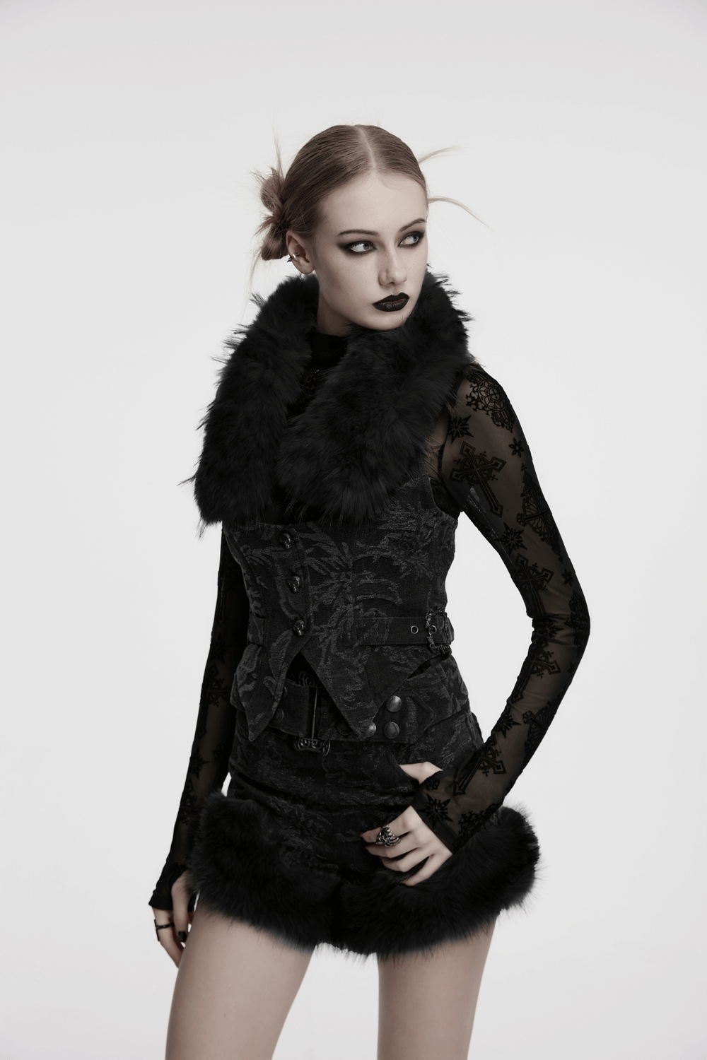 Gothic Jacquard Denim Vest with Detachable Fur Collar