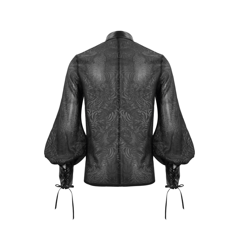 Gothic Jacquard Shirt with PU Leather Inserts / Black Long Sleeve Transparent Shirt