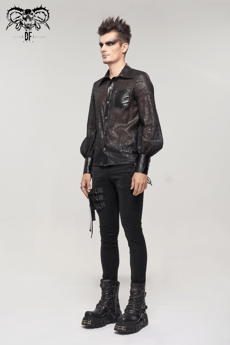 Gothic Jacquard Shirt with PU Leather Inserts / Black Long Sleeve Transparent Shirt