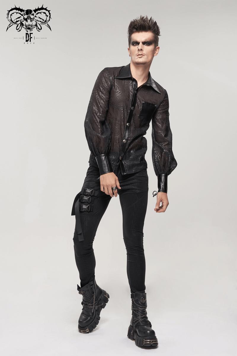 Gothic Jacquard Shirt with PU Leather Inserts / Black Long Sleeve Transparent Shirt
