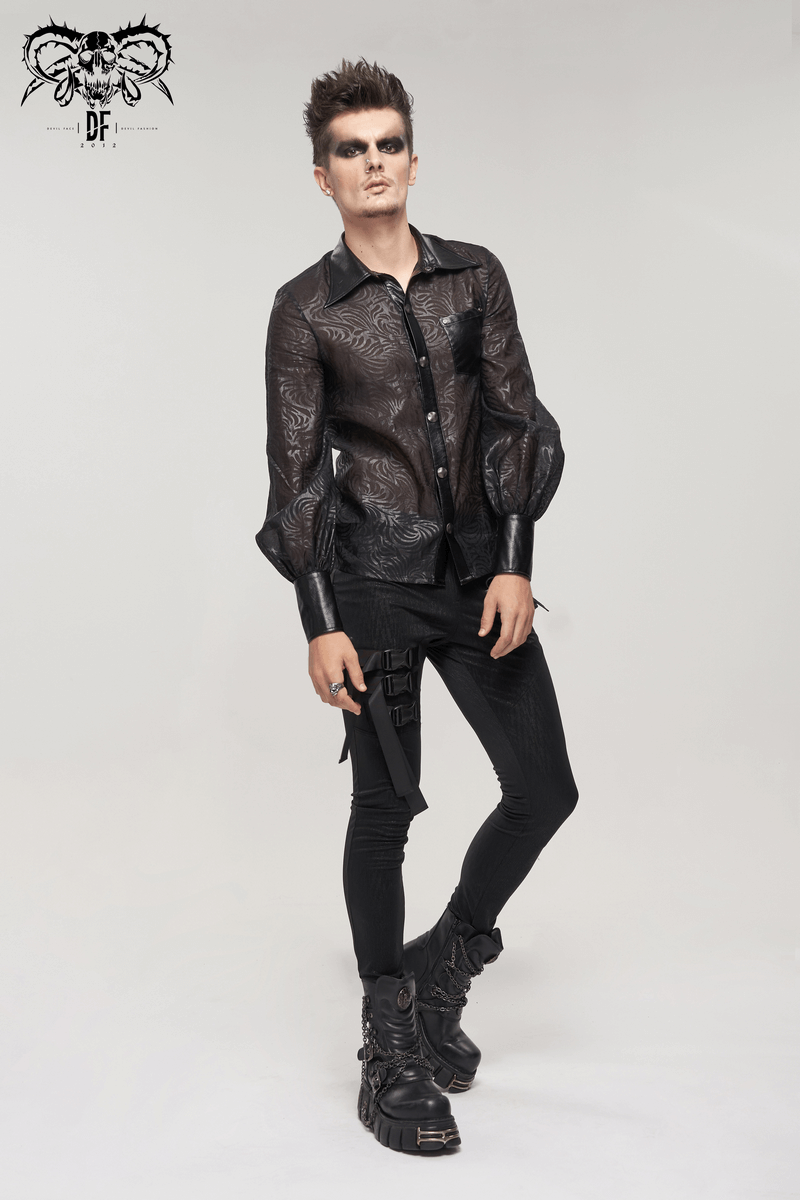 Gothic Jacquard Shirt with PU Leather Inserts / Black Long Sleeve Transparent Shirt