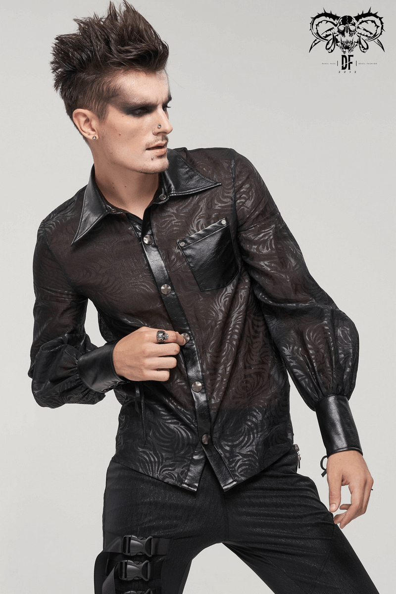 Gothic Jacquard Shirt with PU Leather Inserts / Black Long Sleeve Transparent Shirt