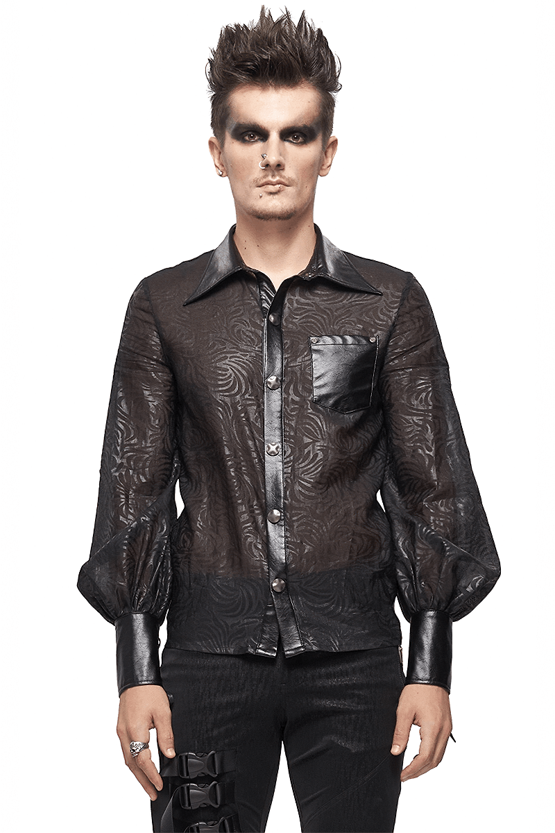 Gothic Jacquard Shirt with PU Leather Inserts / Black Long Sleeve Transparent Shirt