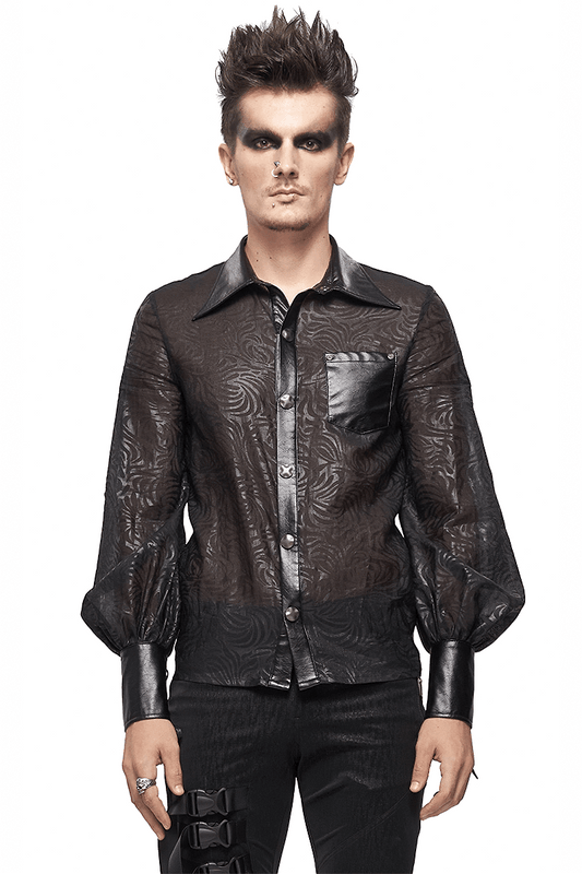 Gothic Jacquard Shirt with PU Leather Inserts / Black Long Sleeve Transparent Shirt