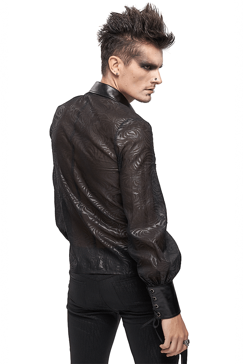 Gothic Jacquard Shirt with PU Leather Inserts / Black Long Sleeve Transparent Shirt