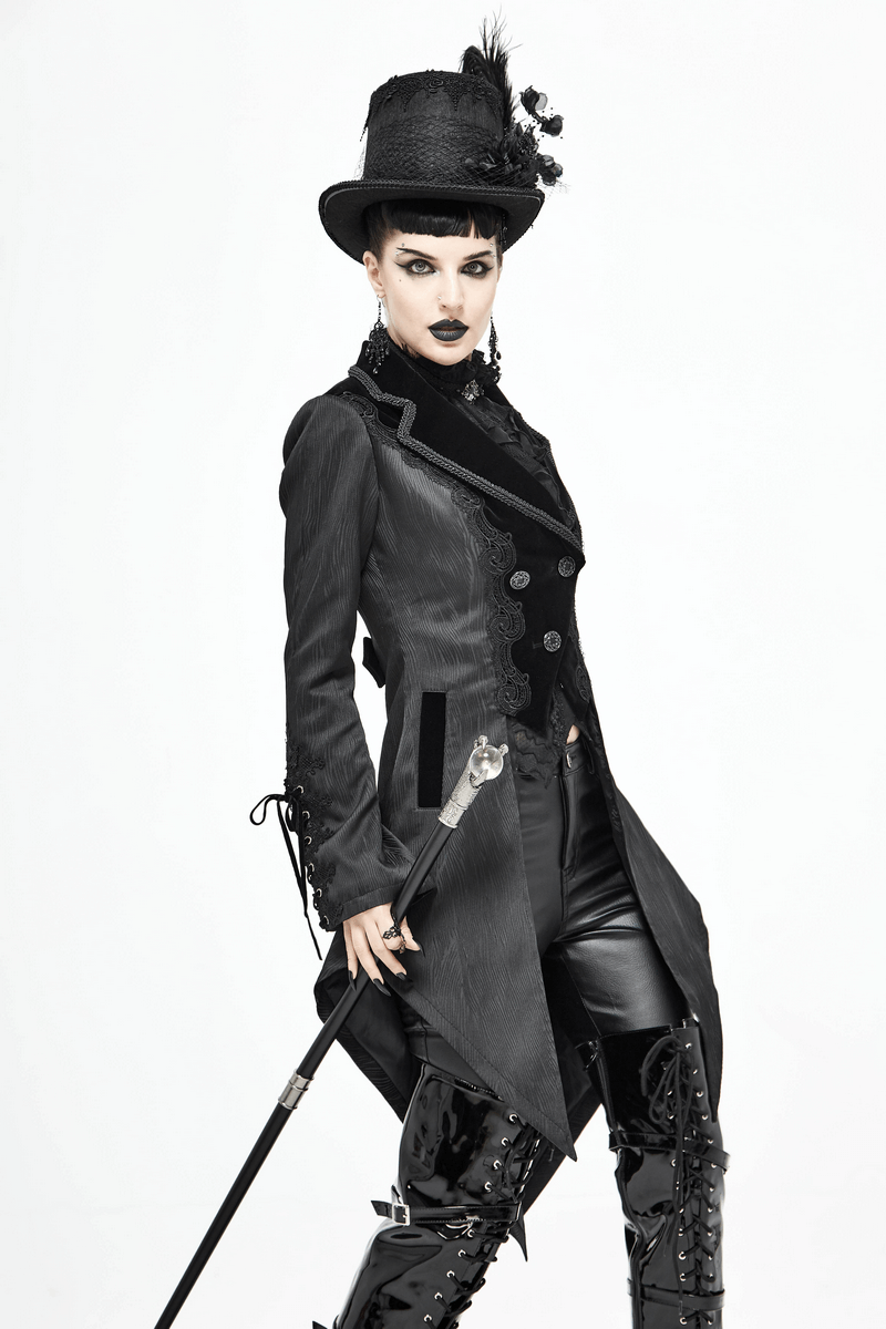 Gothic Jacquard Swallow-tailed Coat / Gorgeous Black V-neck Buttons Coat