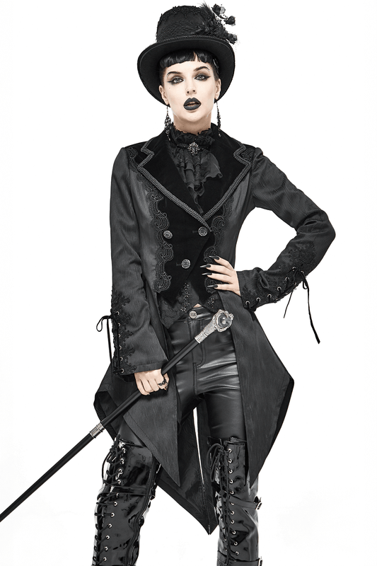 Gothic Jacquard Swallow-tailed Coat / Gorgeous Black V-neck Buttons Coat