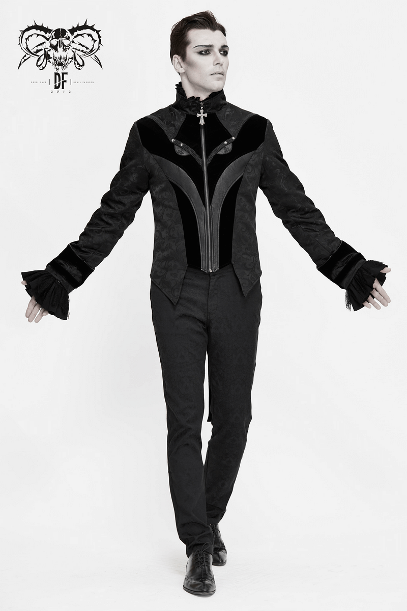 Gothic Jacquard Velvet Swallow Tailcoat / Men's Stand Collar Cross Zip Coat