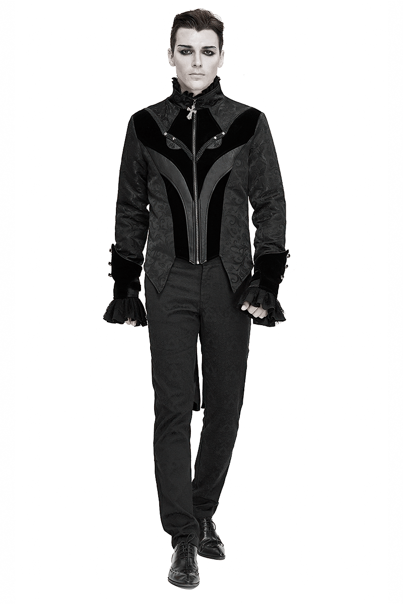 Gothic Jacquard Velvet Swallow Tailcoat / Men's Stand Collar Cross Zip Coat