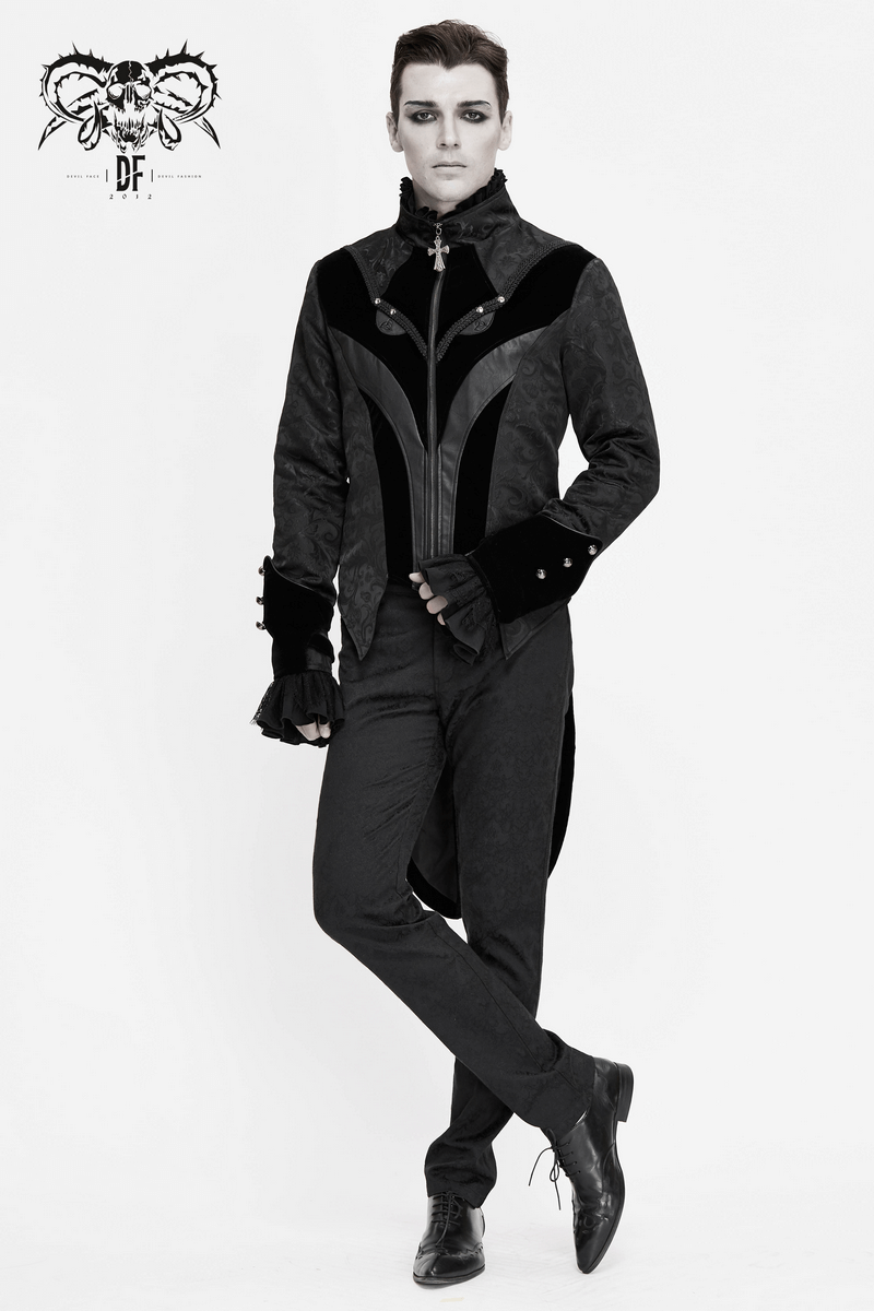 Gothic Jacquard Velvet Swallow Tailcoat / Men's Stand Collar Cross Zip Coat