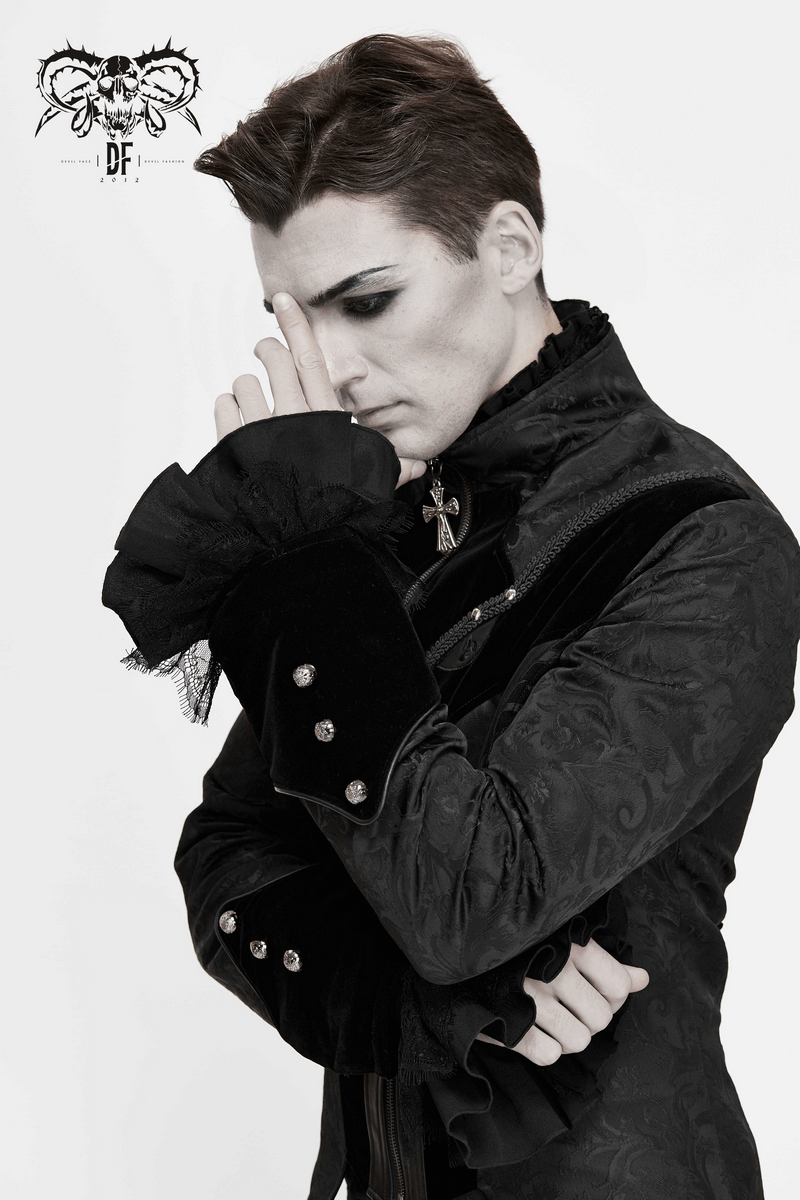 Gothic Jacquard Velvet Swallow Tailcoat / Men's Stand Collar Cross Zip Coat