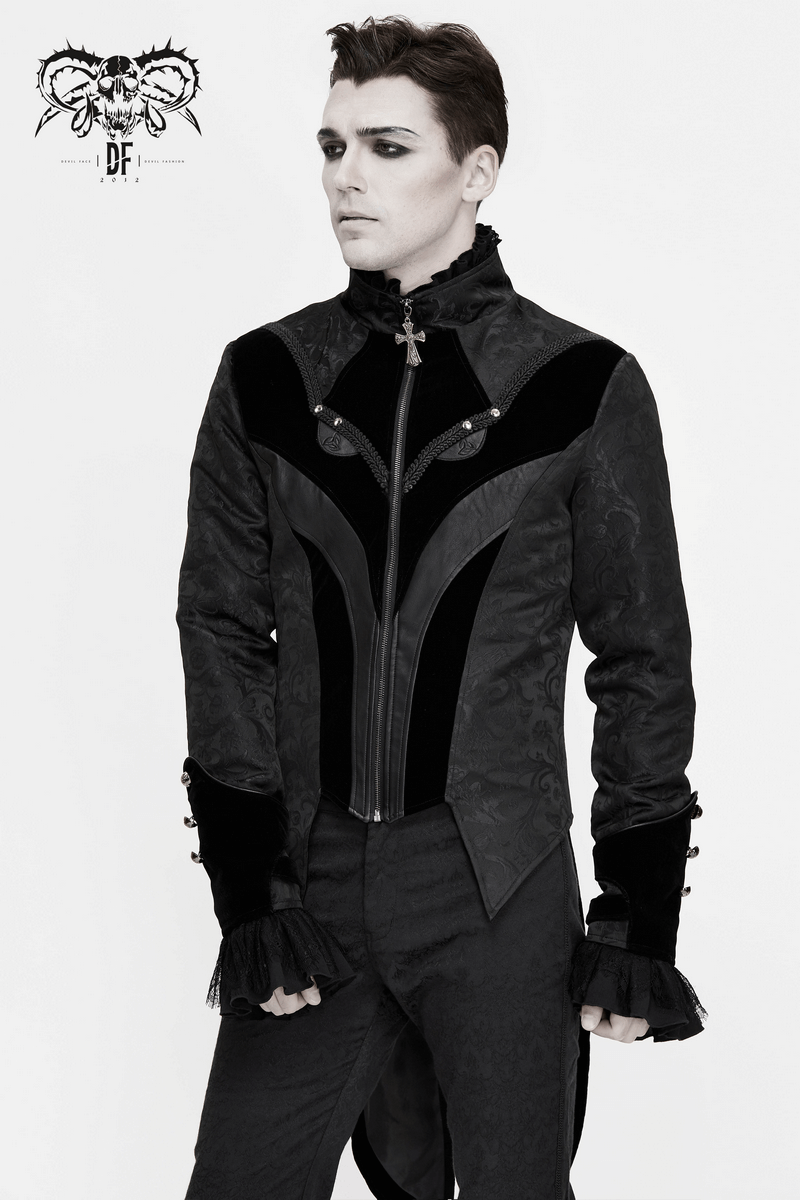 Gothic Jacquard Velvet Swallow Tailcoat / Men's Stand Collar Cross Zip Coat
