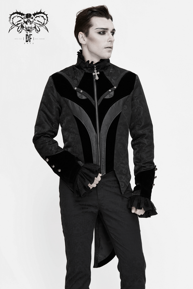 Gothic Jacquard Velvet Swallow Tailcoat / Men's Stand Collar Cross Zip Coat