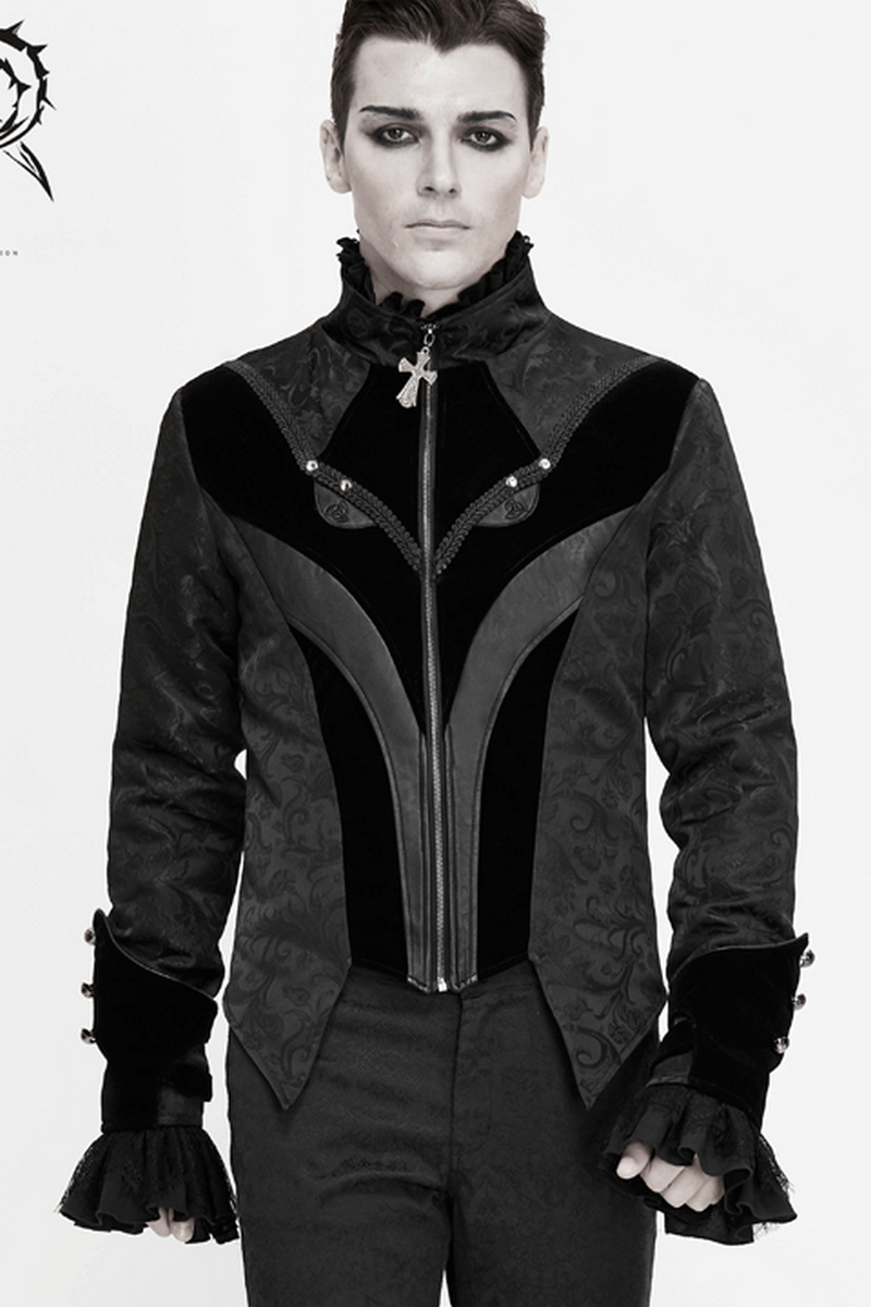 Gothic Jacquard Velvet Swallow Tailcoat / Men's Stand Collar Cross Zip Coat