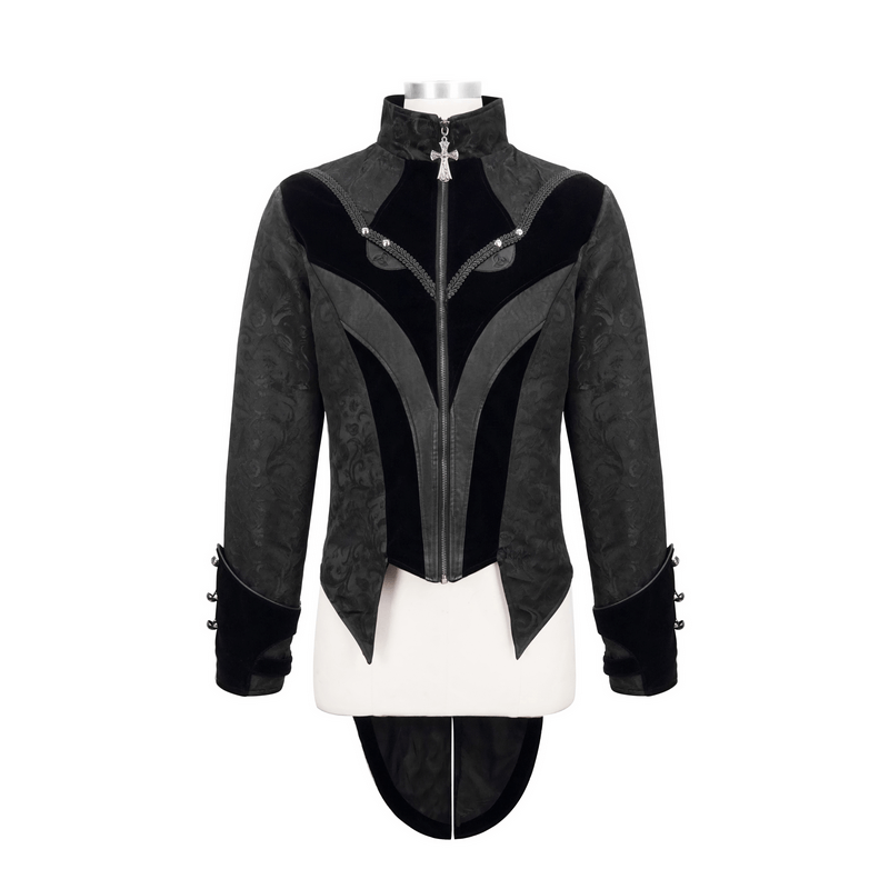 Gothic Jacquard Velvet Swallow Tailcoat / Men's Stand Collar Cross Zip Coat