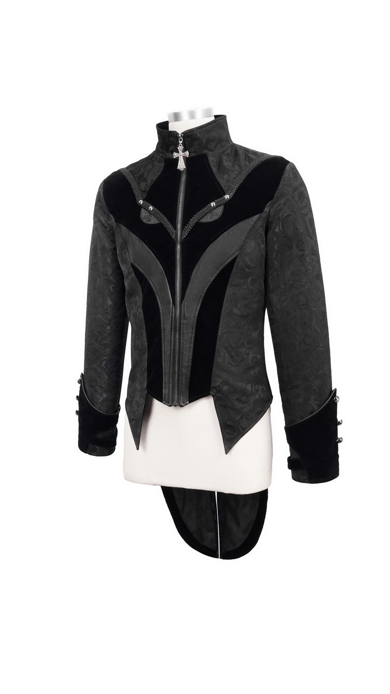 Gothic Jacquard Velvet Swallow Tailcoat / Men's Stand Collar Cross Zip Coat
