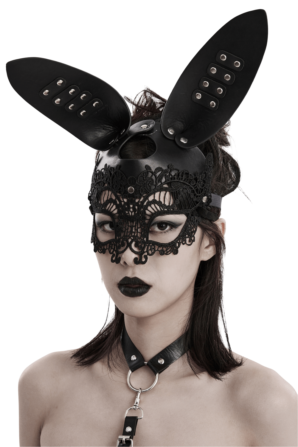 Gothic Lace And Leather Bunny Mask with 3D Ears