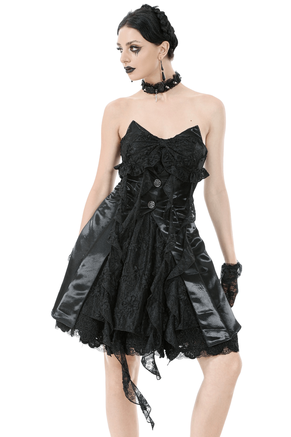 Gothic Lace and Satin Corset Mini Dress with Ruffle Details