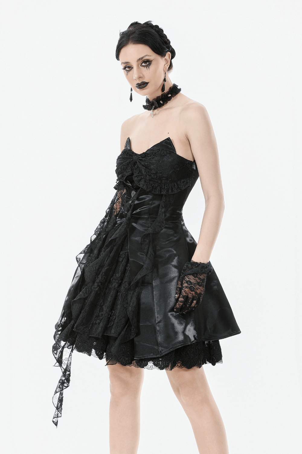 Gothic Lace and Satin Corset Mini Dress with Ruffle Details